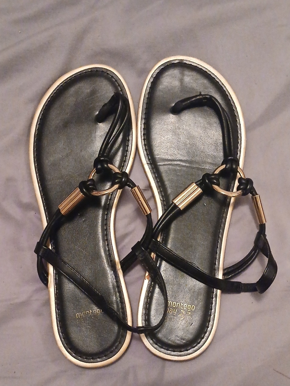 Montego Bay Club Black T-Strap Sandals with Gold Accents
